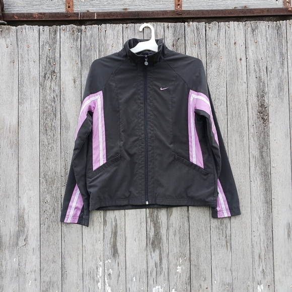 NIKE Jacket Womens Size Medium Gray Lavender Purple Stripe Fitted Zip Up - Picture 1 of 9